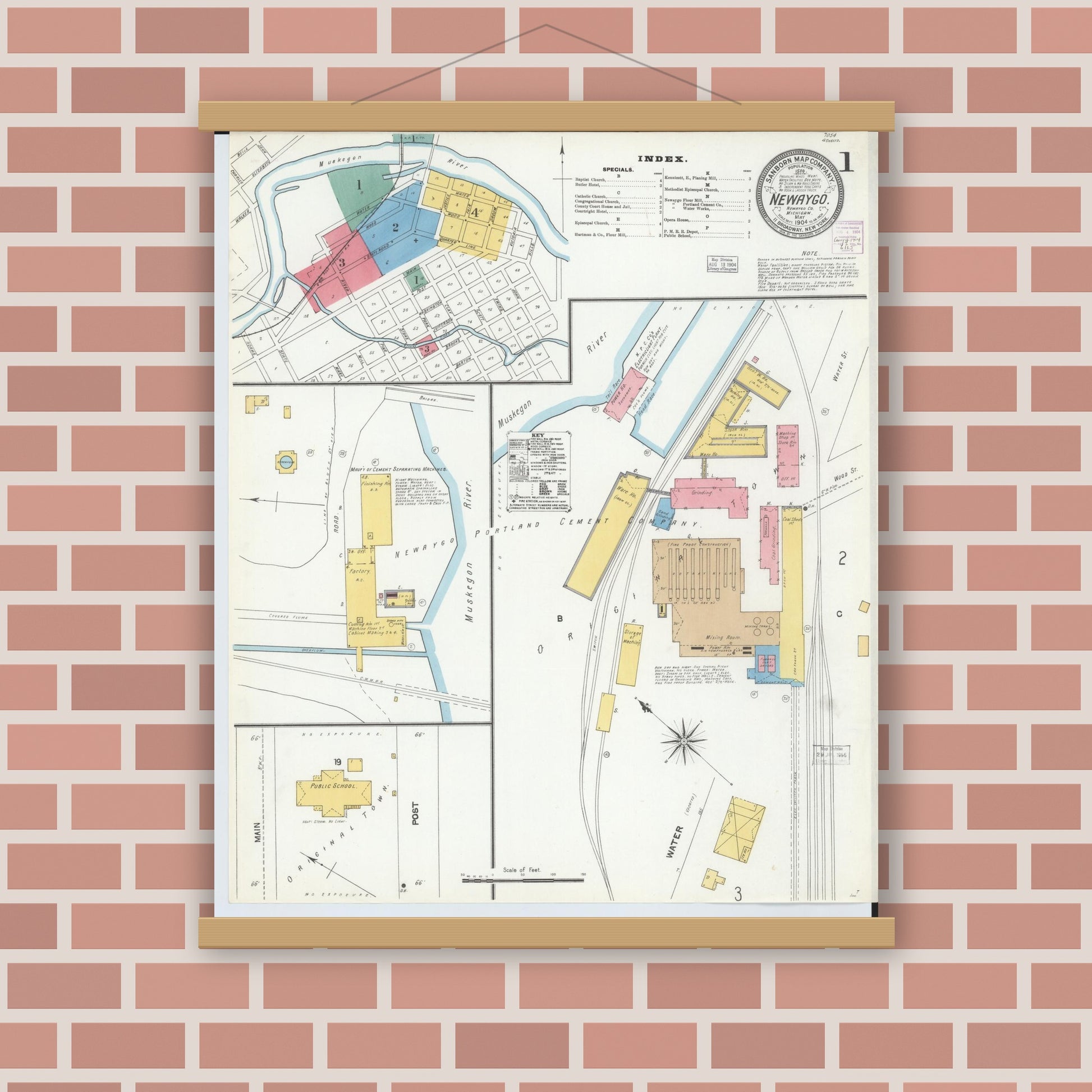 Old map wall art mockup — magnetic wood frame on brick wall — Sanborn Fire Insurance Map from Newaygo, Newaygo County, Michigan (1904) - Complete Map Set