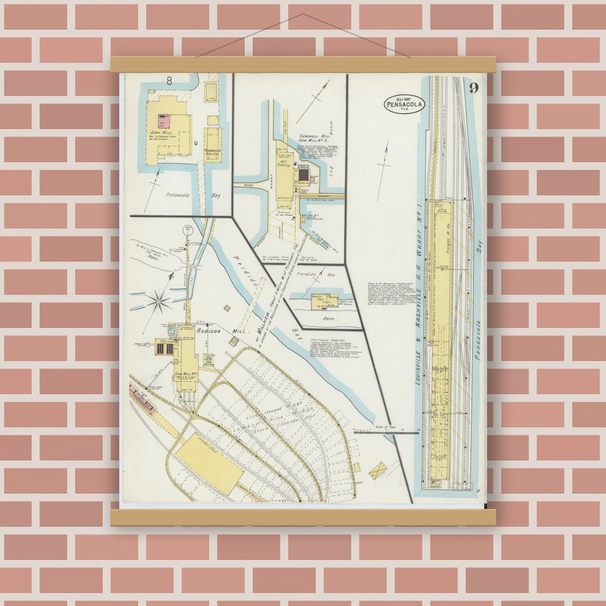 Old map wall art mockup — magnetic wood frame on brick wall — Sanborn Fire Insurance Map from Pensacola, Escambia County, Florida (1897), Sheet #0009