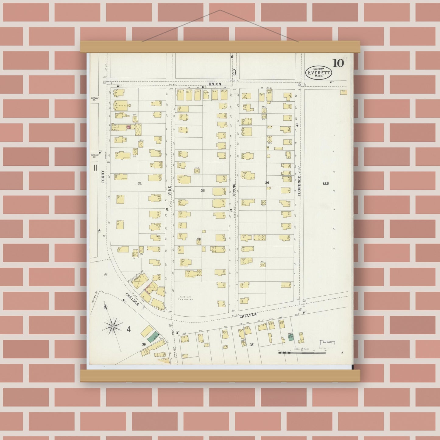 Old map wall art mockup — magnetic wood frame on brick wall — Sanborn Fire Insurance Map from Everett, Middlesex County, Massachusetts (1897), Sheet #0010