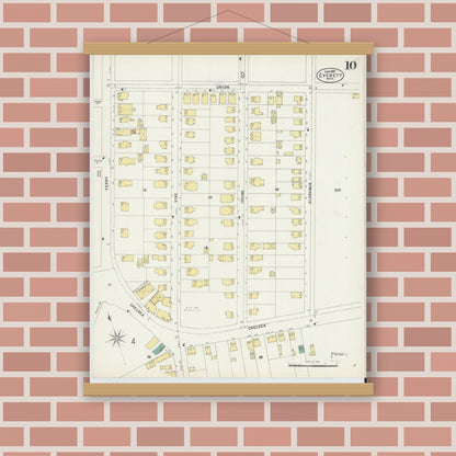 Old map wall art mockup — magnetic wood frame on brick wall — Sanborn Fire Insurance Map from Everett, Middlesex County, Massachusetts (1897), Sheet #0010