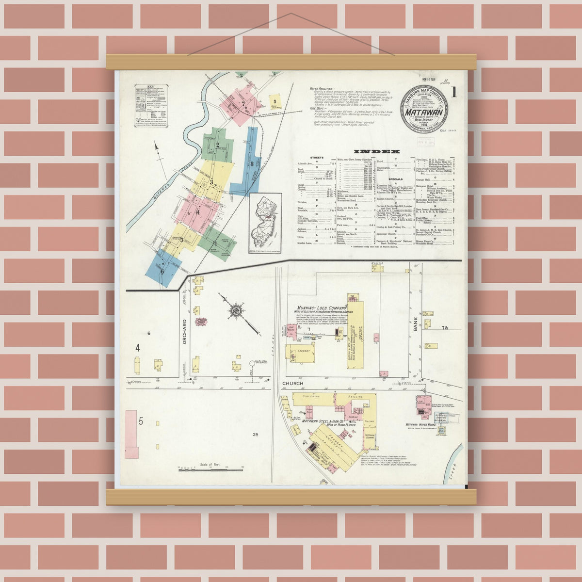 Old map wall art mockup — magnetic wood frame on brick wall — Sanborn Fire Insurance Map from Matawan, Monmouth County, New Jersey (1914), Sheet #0001