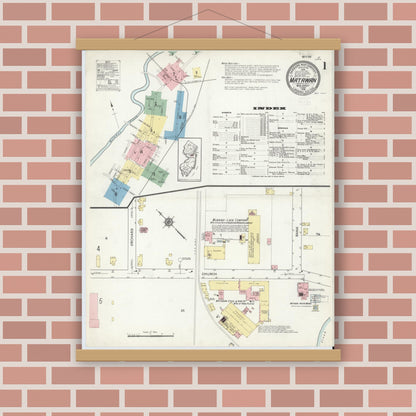 Old map wall art mockup — magnetic wood frame on brick wall — Sanborn Fire Insurance Map from Matawan, Monmouth County, New Jersey (1914), Sheet #0001