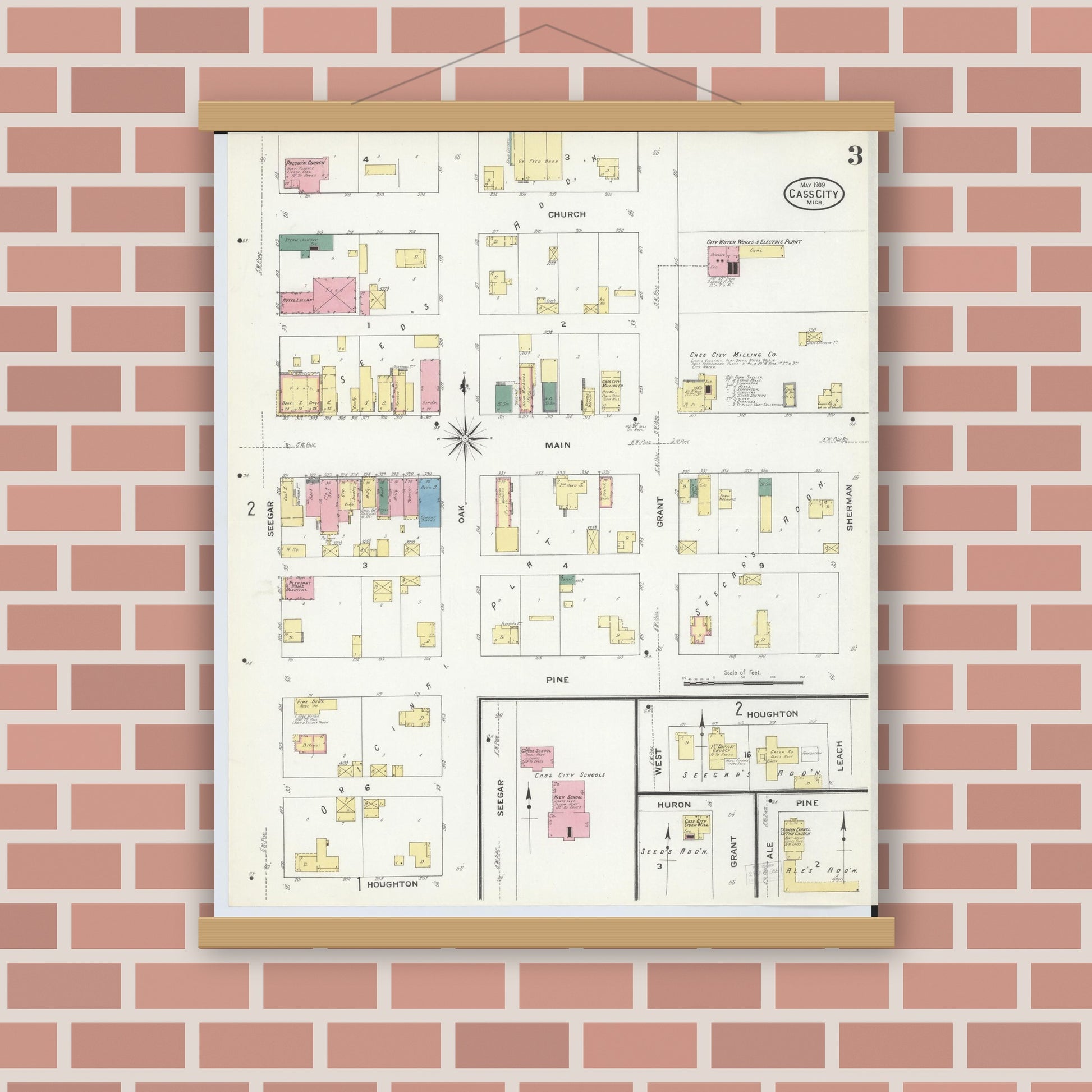 Old map wall art mockup — magnetic wood frame on brick wall — Sanborn Fire Insurance Map from Cass City, Tuscola County, Michigan (1909), Sheet #0003