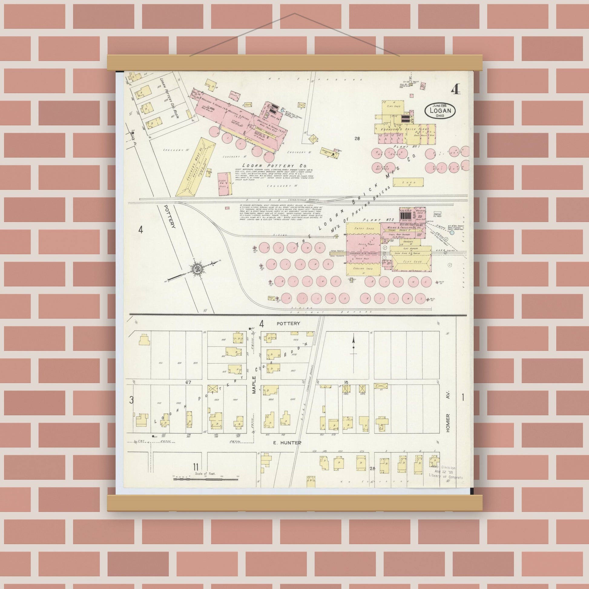 Old map wall art mockup — magnetic wood frame on brick wall — Sanborn Fire Insurance Map from Logan, Hocking County, Ohio (1914), Sheet #0004