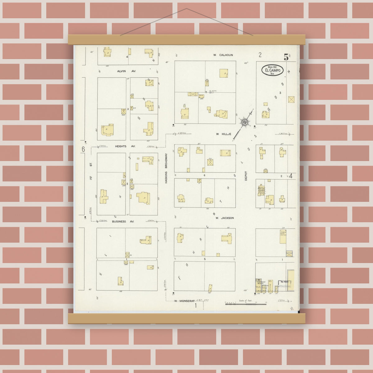 Old map wall art mockup — magnetic wood frame on brick wall — Sanborn Fire Insurance Map from El Campo, Wharton County, Texas (1912), Sheet #0005