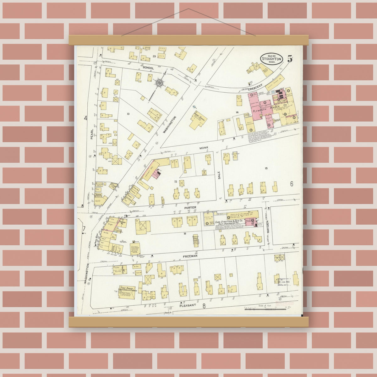 Old map wall art mockup — magnetic wood frame on brick wall — Sanborn Fire Insurance Map from Stoughton, Norfolk County, Massachusetts (1912), Sheet #0005
