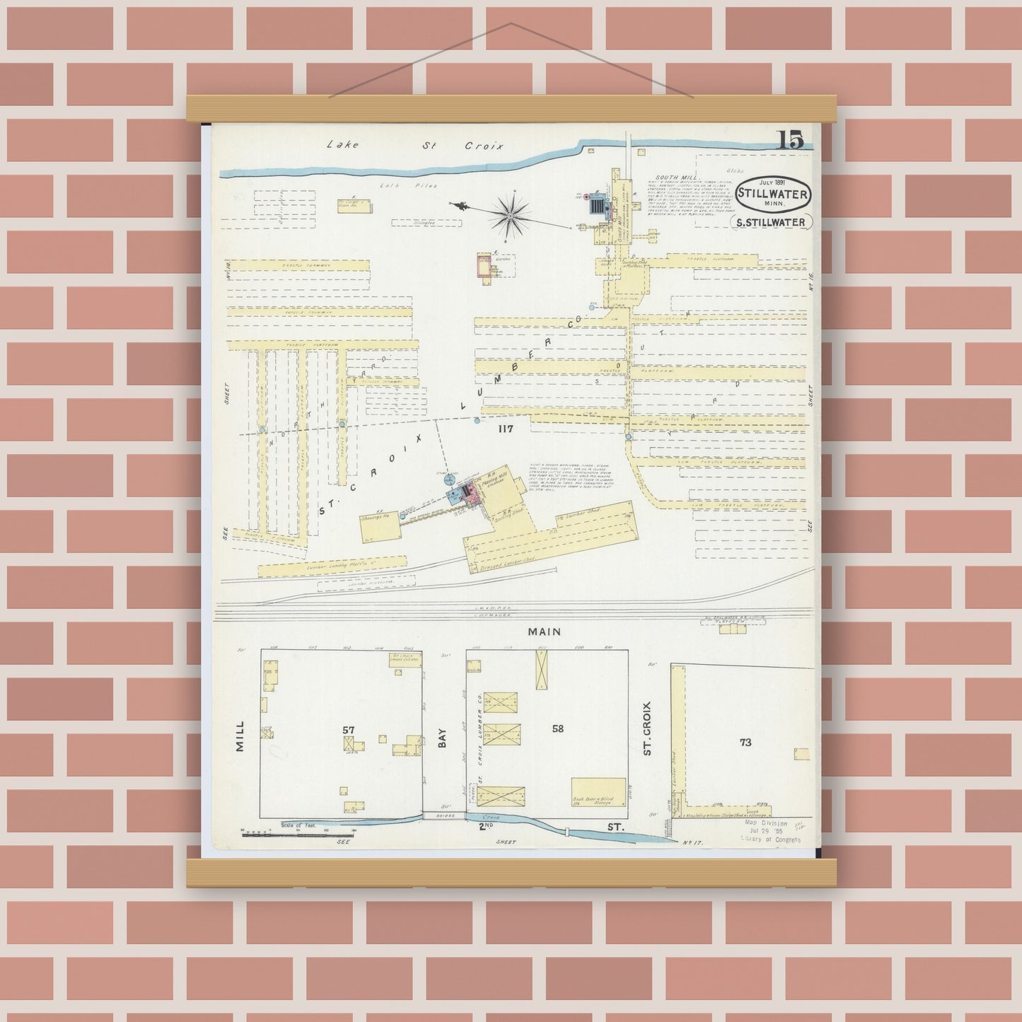 Old map wall art mockup — magnetic wood frame on brick wall — Sanborn Fire Insurance Map from Stillwater, Washington County, Minnesota (1891), Sheet #0015