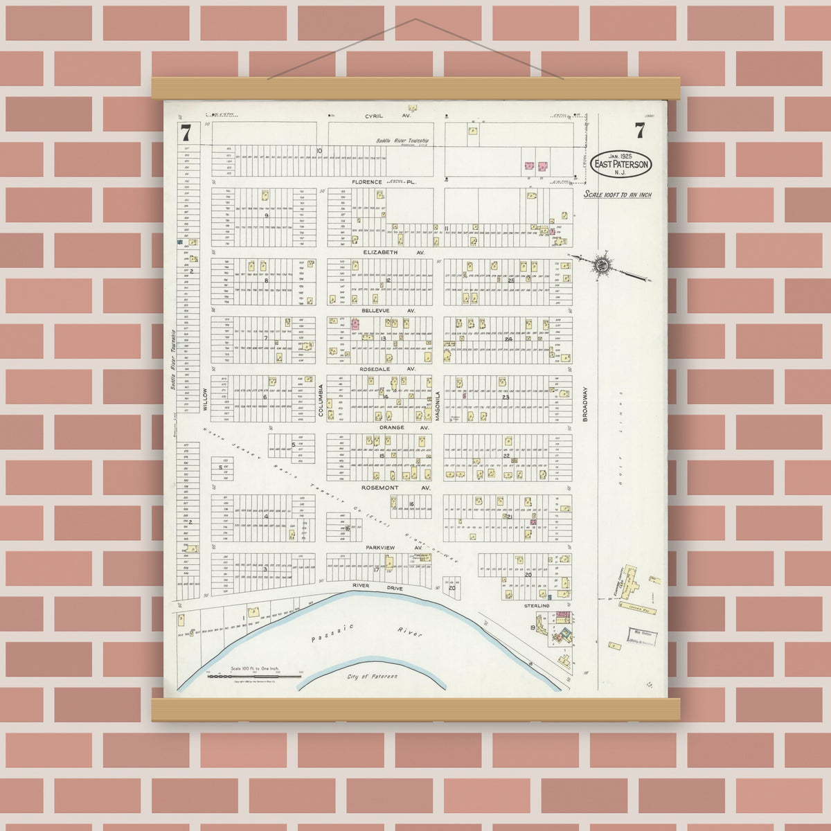 Old map wall art mockup — magnetic wood frame on brick wall — Sanborn Fire Insurance Map from East Paterson, Bergen County, New Jersey (1925), Sheet #0007
