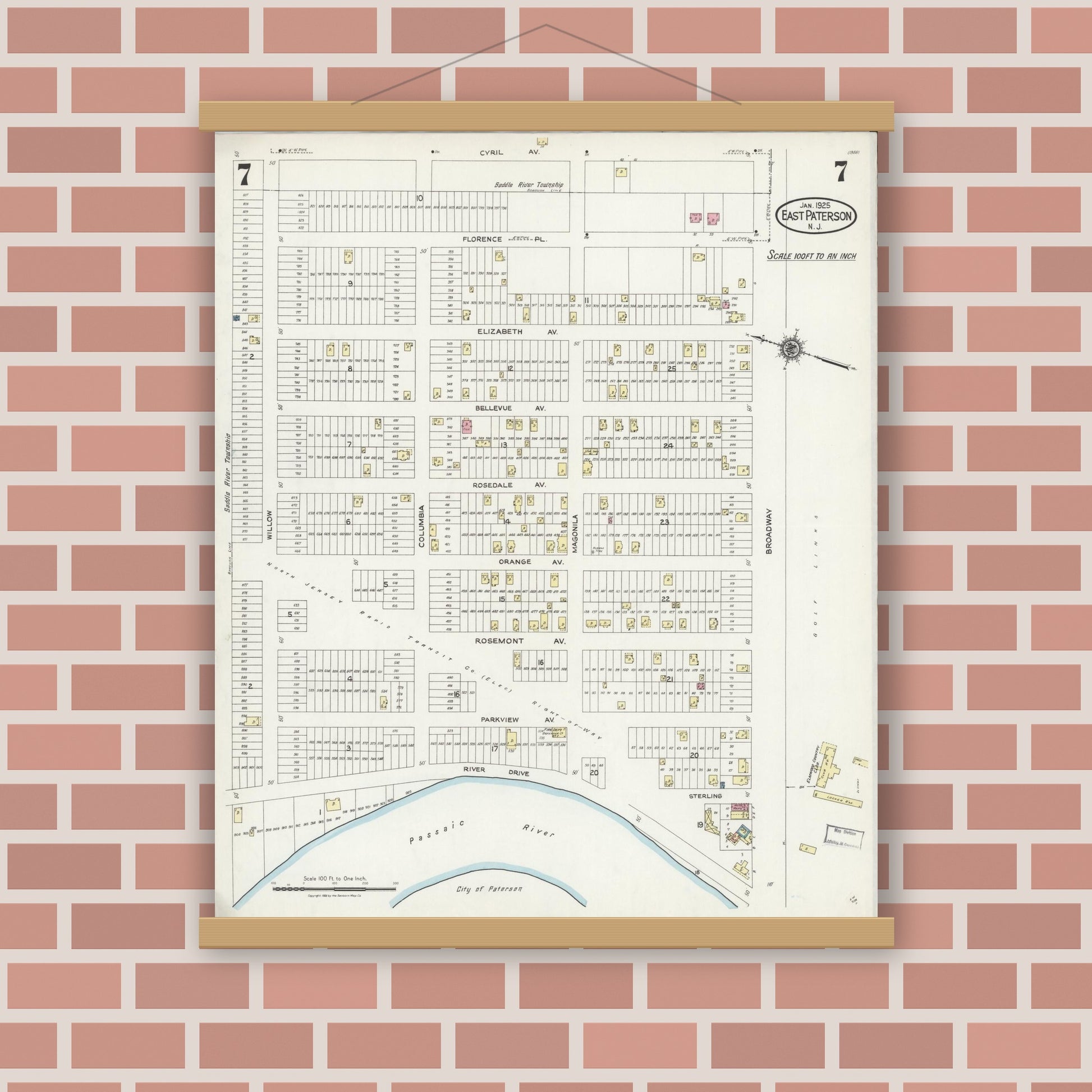 Old map wall art mockup — magnetic wood frame on brick wall — Sanborn Fire Insurance Map from East Paterson, Bergen County, New Jersey (1925), Sheet #0007