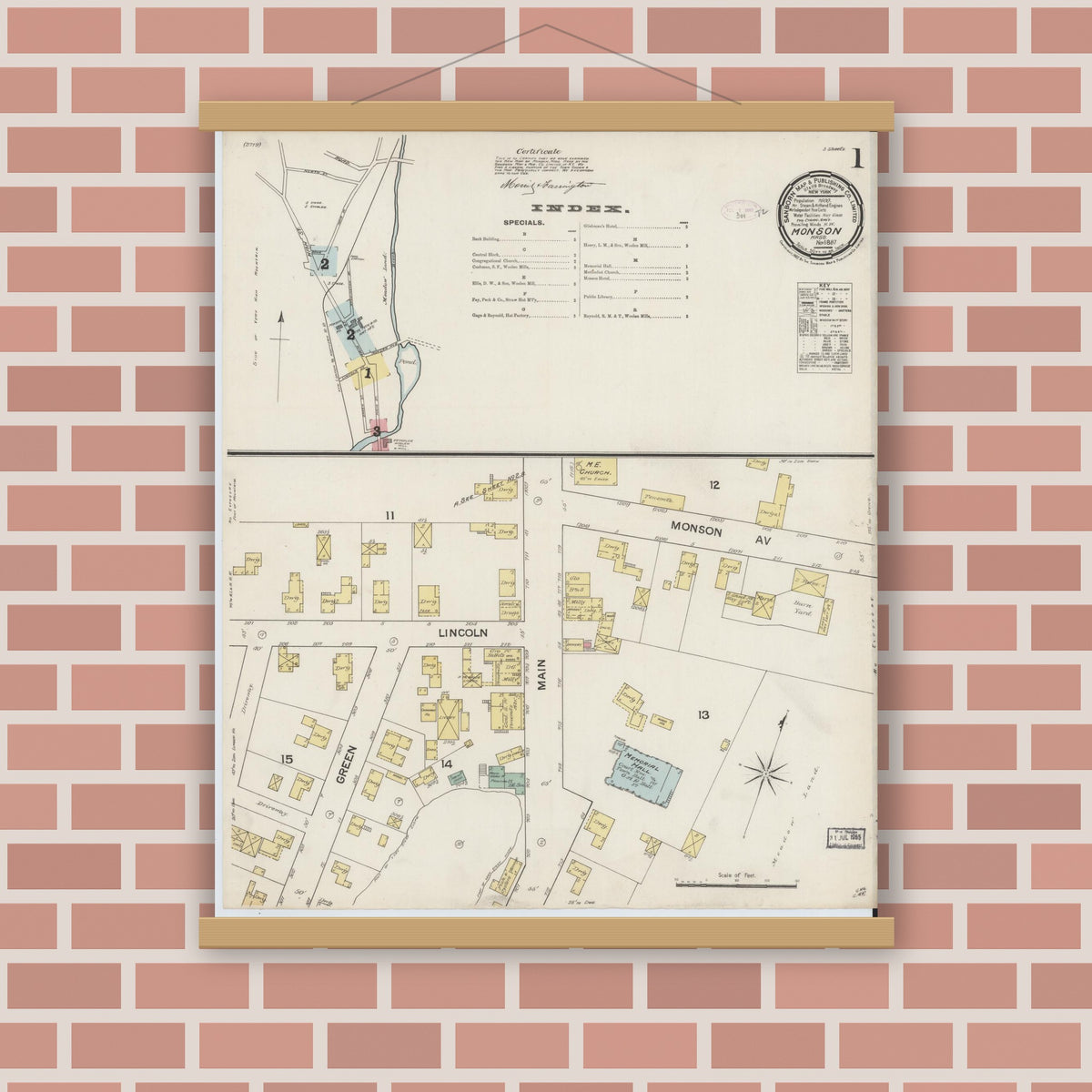 Old map wall art mockup — magnetic wood frame on brick wall — Sanborn Fire Insurance Map from Monson, Hampden County, Massachusetts (1887) - Complete Map Set