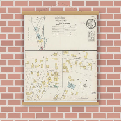 Old map wall art mockup — magnetic wood frame on brick wall — Sanborn Fire Insurance Map from Monson, Hampden County, Massachusetts (1887) - Complete Map Set