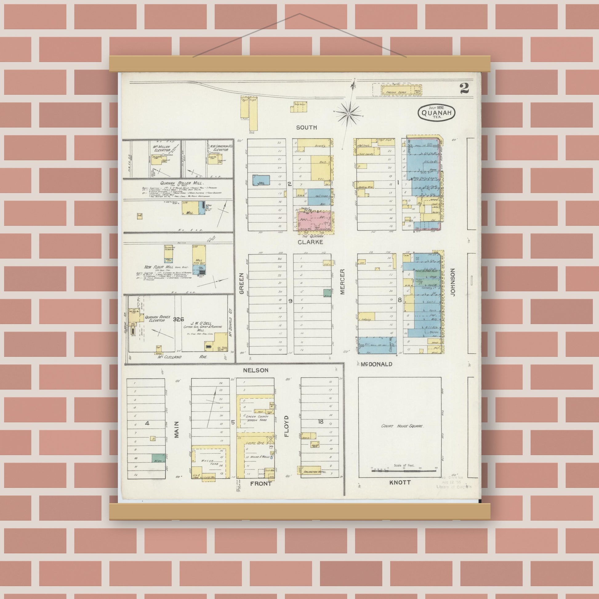 Old map wall art mockup — magnetic wood frame on brick wall — Sanborn Fire Insurance Map from Quanah, Hardeman County, Texas (1892), Sheet #0002