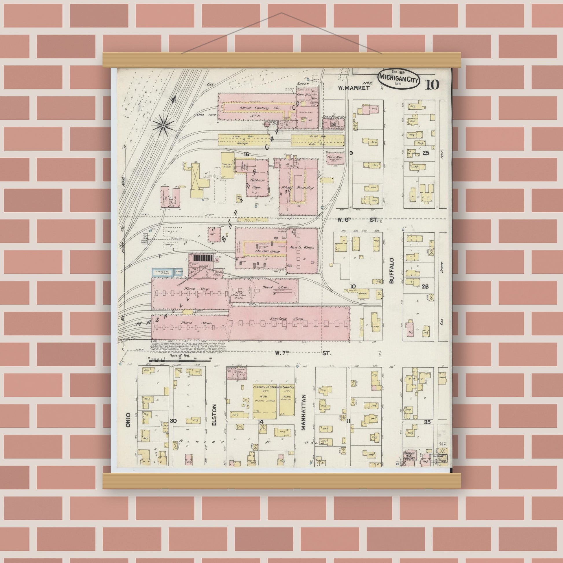 Old map wall art mockup — magnetic wood frame on brick wall — Sanborn Fire Insurance Map from Michigan City, La Porte County, Indiana (1889), Sheet #0010