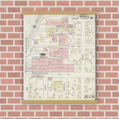 Old map wall art mockup — magnetic wood frame on brick wall — Sanborn Fire Insurance Map from Michigan City, La Porte County, Indiana (1889), Sheet #0010
