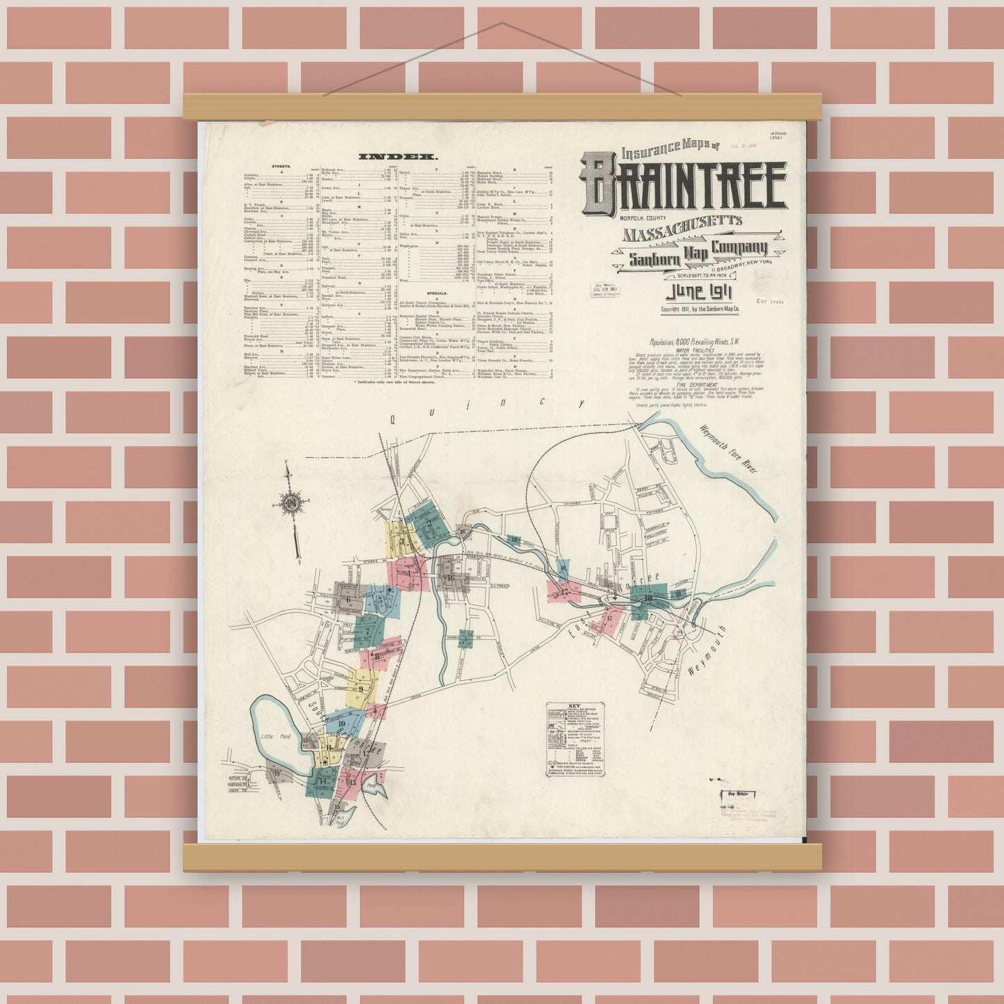 Old map wall art mockup — magnetic wood frame on brick wall — Sanborn Fire Insurance Map from Braintree, Norfolk County, Massachusetts (1911) - Complete Map Set