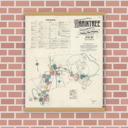 Old map wall art mockup — magnetic wood frame on brick wall — Sanborn Fire Insurance Map from Braintree, Norfolk County, Massachusetts (1911) - Complete Map Set