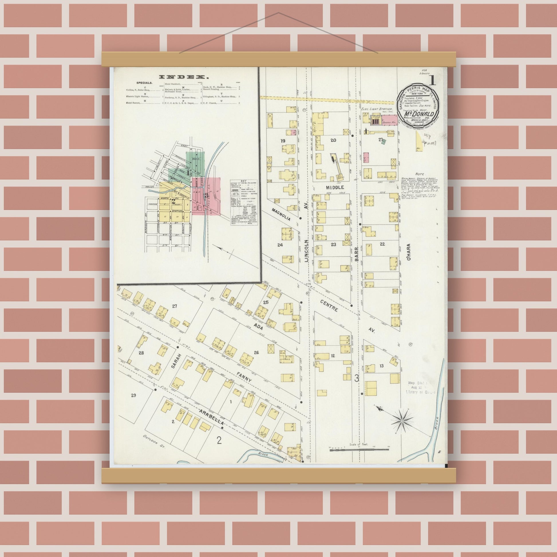 Old map wall art mockup — magnetic wood frame on brick wall — Sanborn Fire Insurance Map from McDonald, Washington County, Pennsylvania (1897), Sheet #0001