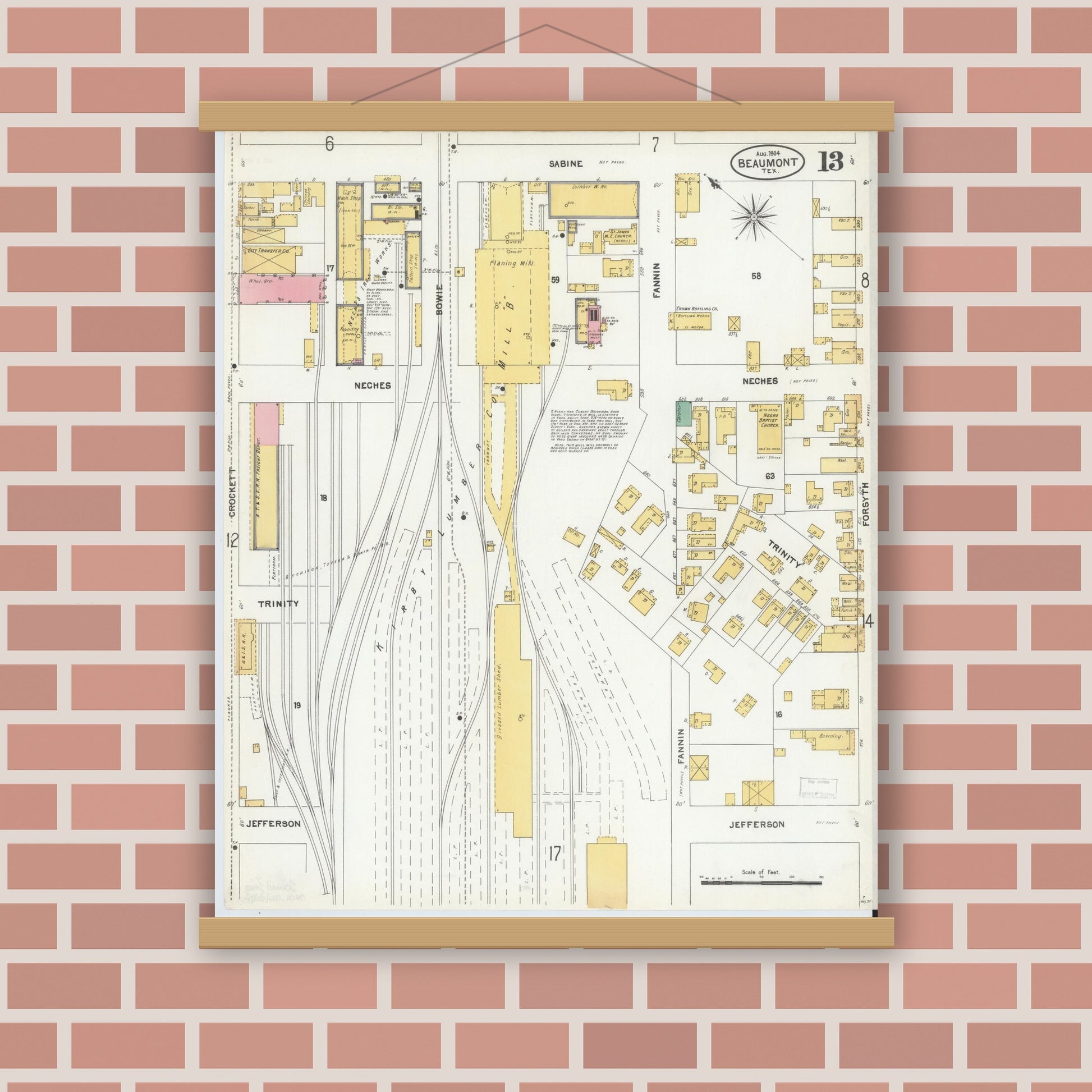 Old map wall art mockup — magnetic wood frame on brick wall — Sanborn Fire Insurance Map from Beaumont, Jefferson County, Texas (1904), Sheet #0013