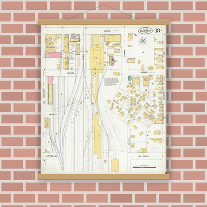 Old map wall art mockup — magnetic wood frame on brick wall — Sanborn Fire Insurance Map from Beaumont, Jefferson County, Texas (1904), Sheet #0013
