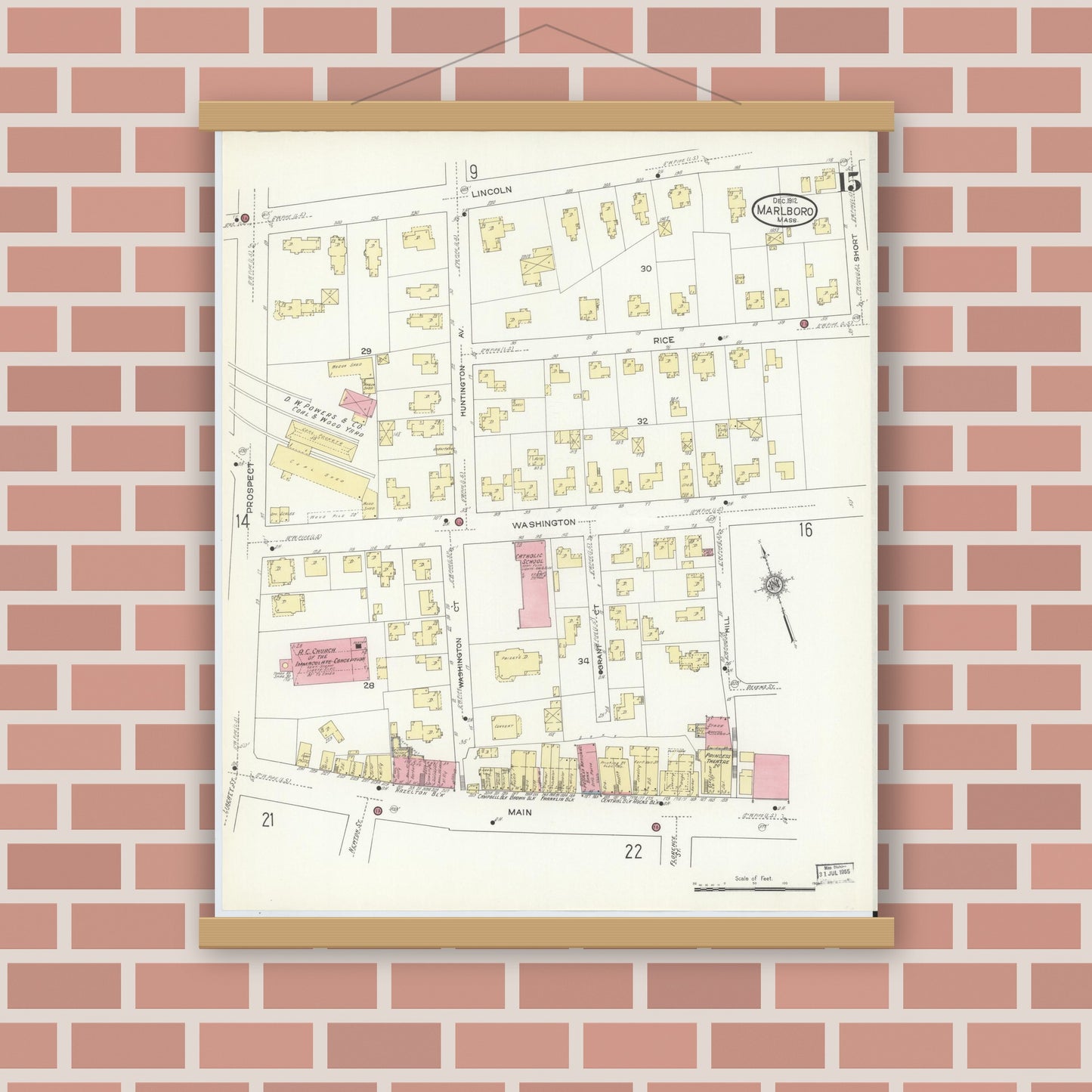 Old map wall art mockup — magnetic wood frame on brick wall — Sanborn Fire Insurance Map from Marlborough, Middlesex County, Massachusetts (1912), Sheet #0015