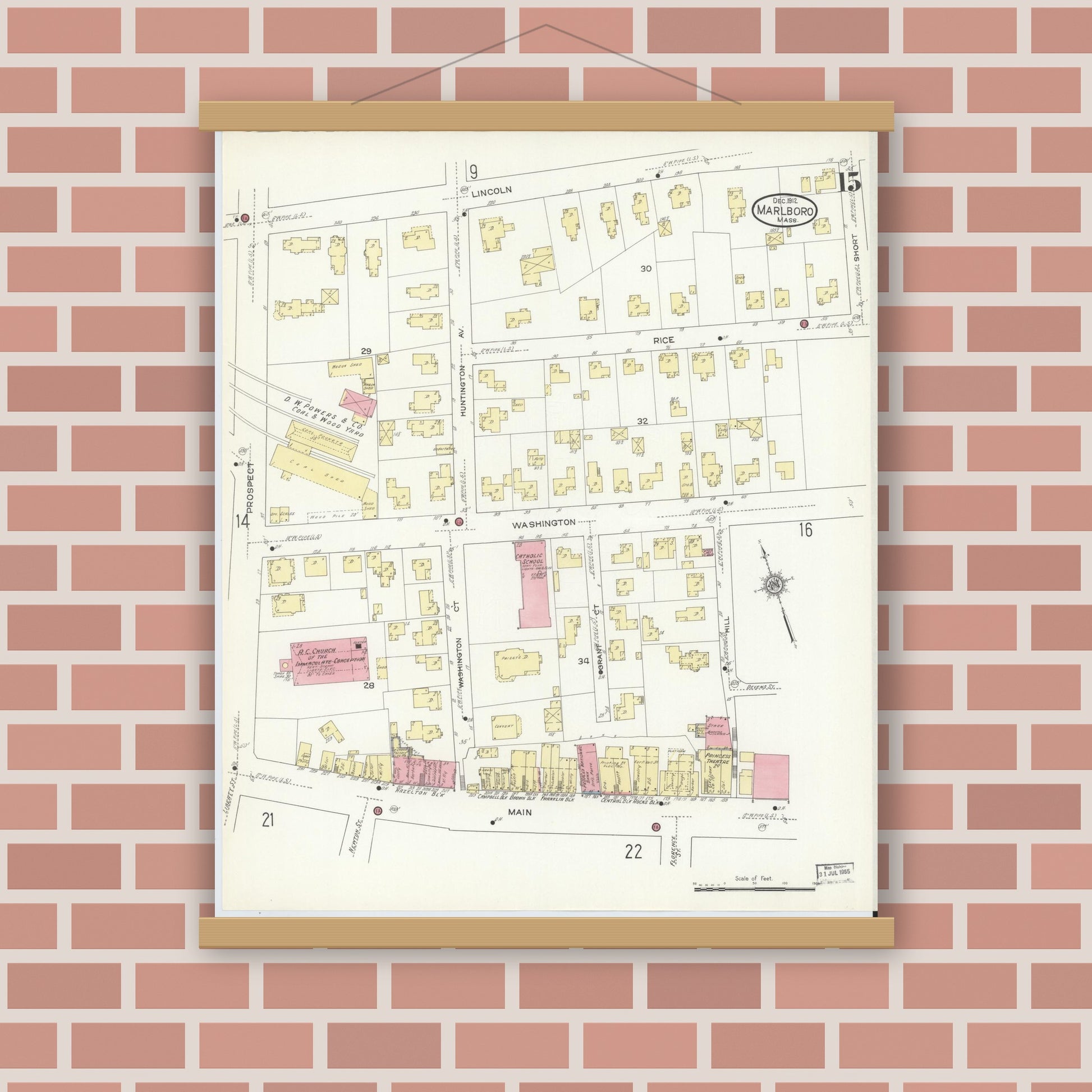 Old map wall art mockup — magnetic wood frame on brick wall — Sanborn Fire Insurance Map from Marlborough, Middlesex County, Massachusetts (1912), Sheet #0015