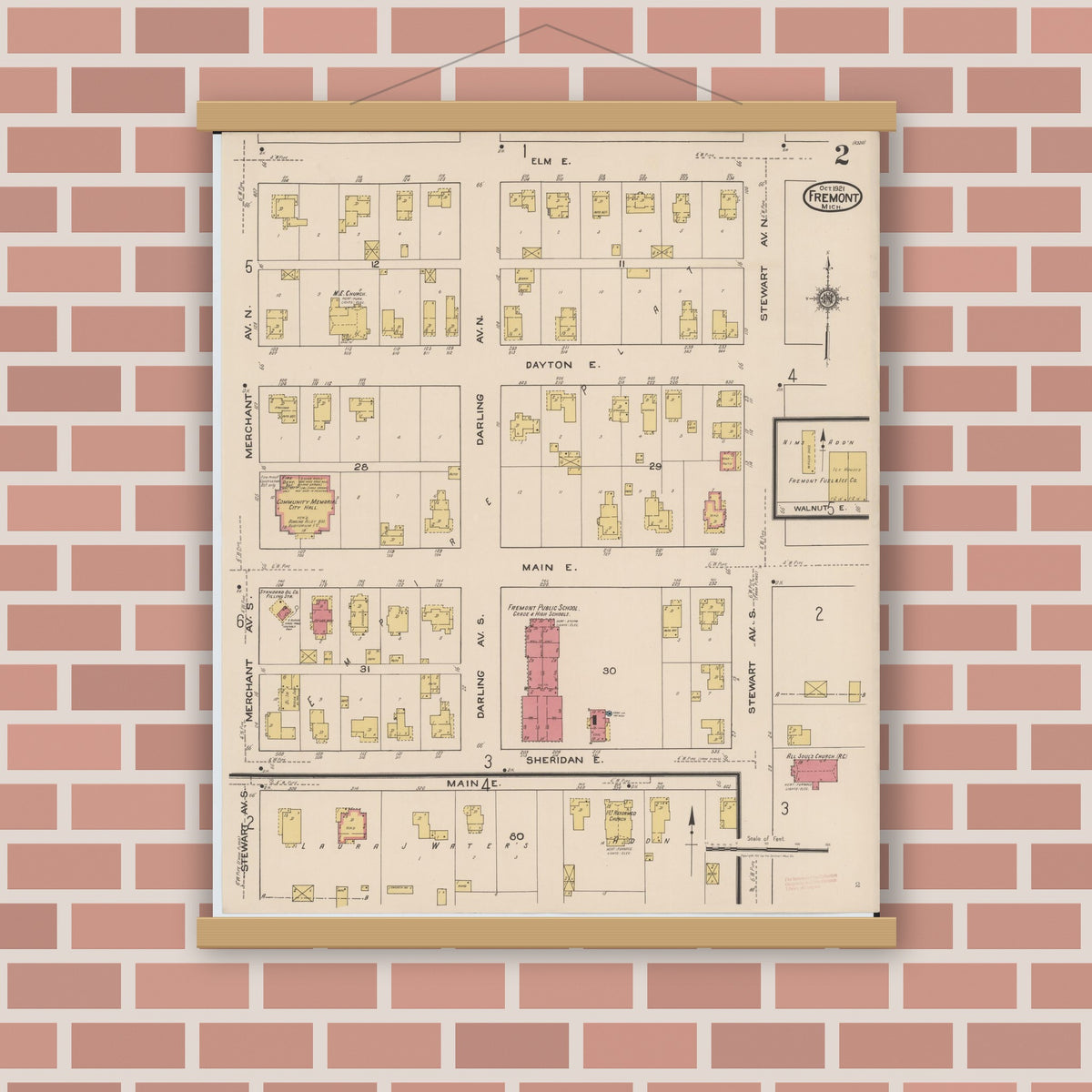 Old map wall art mockup — magnetic wood frame on brick wall — Sanborn Fire Insurance Map from Fremont, Newaygo County, Michigan (1921), Sheet #0002