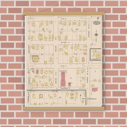 Old map wall art mockup — magnetic wood frame on brick wall — Sanborn Fire Insurance Map from Fremont, Newaygo County, Michigan (1921), Sheet #0002