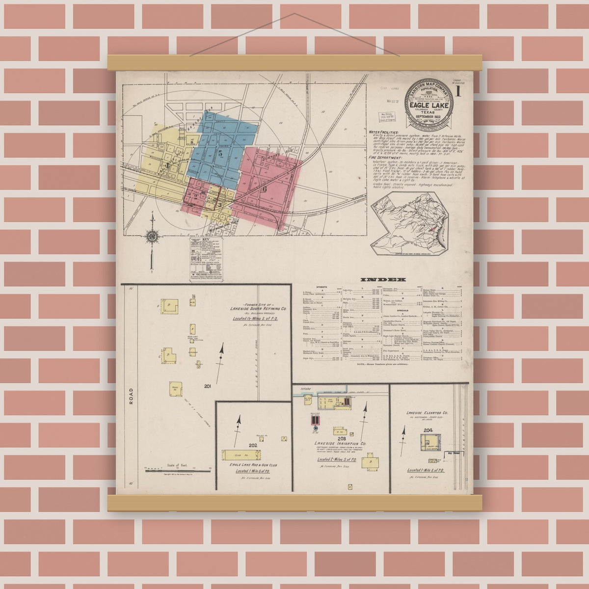 Old map wall art mockup — magnetic wood frame on brick wall — Sanborn Fire Insurance Map from Eagle Lake, Colorado County, Texas (1922) - Complete Map Set