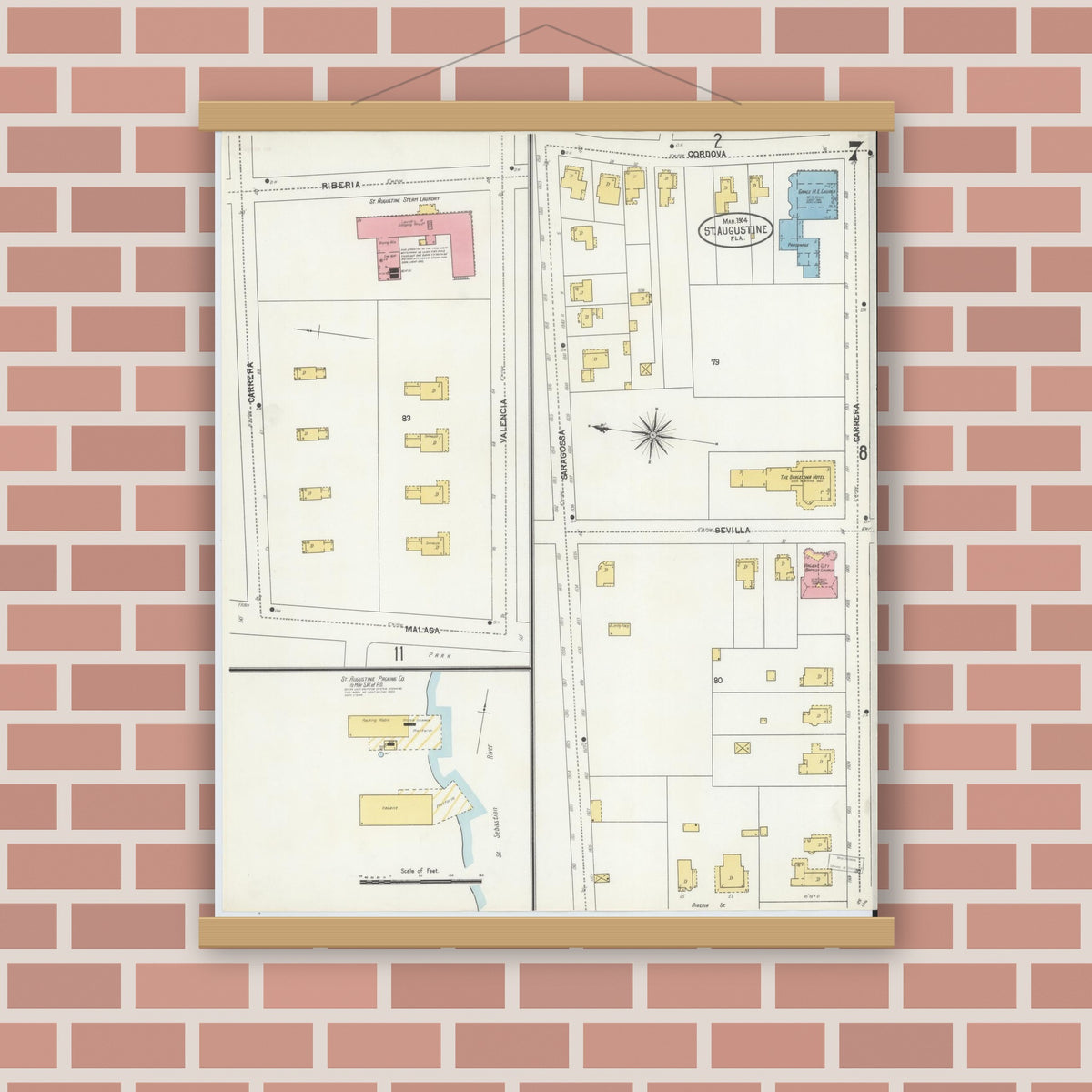 Old map wall art mockup — magnetic wood frame on brick wall — Sanborn Fire Insurance Map from Saint Augustine, Saint John's County, Florida (1904), Sheet #0007