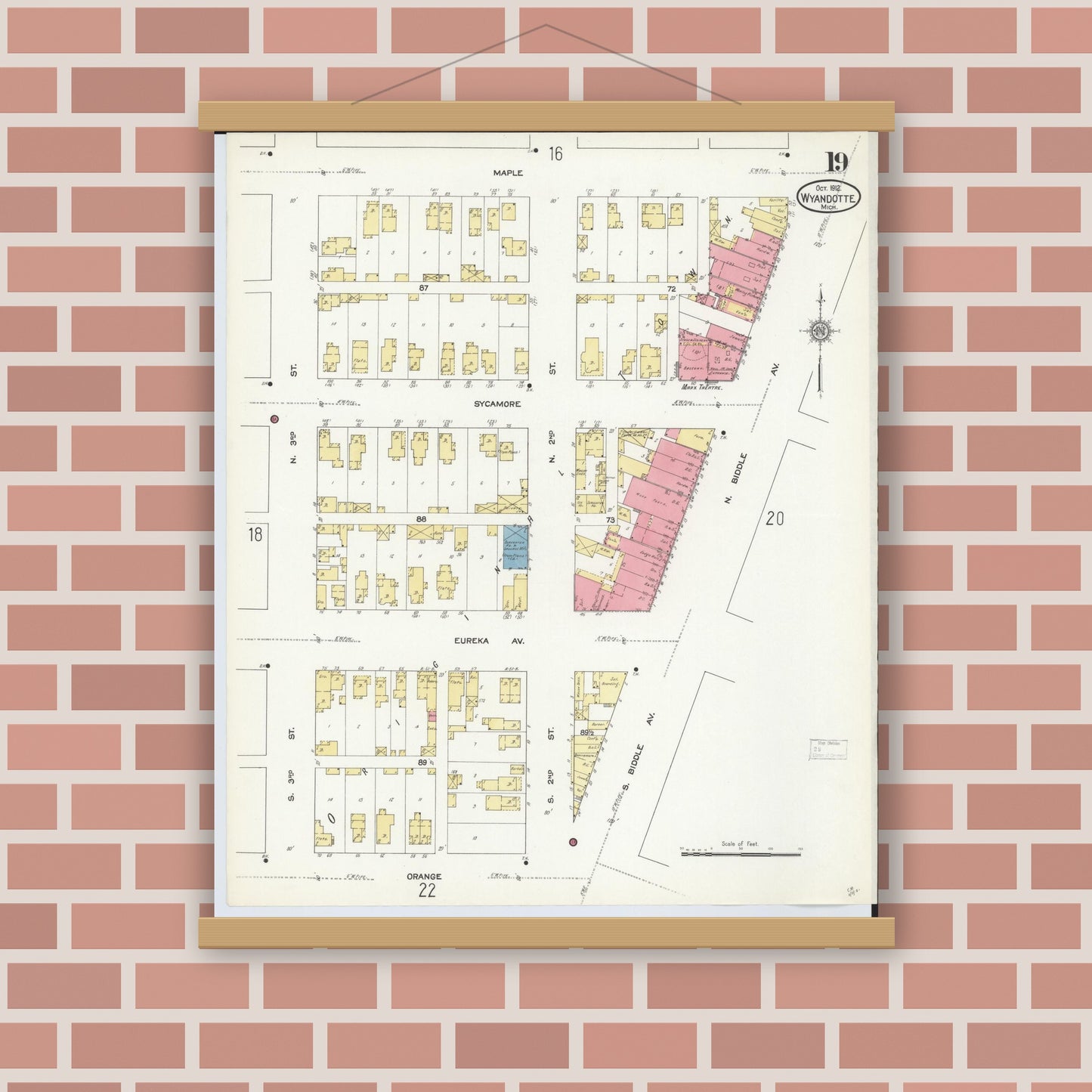 Old map wall art mockup — magnetic wood frame on brick wall — Sanborn Fire Insurance Map from Wyandotte, Wayne County, Michigan (1912), Sheet #0019