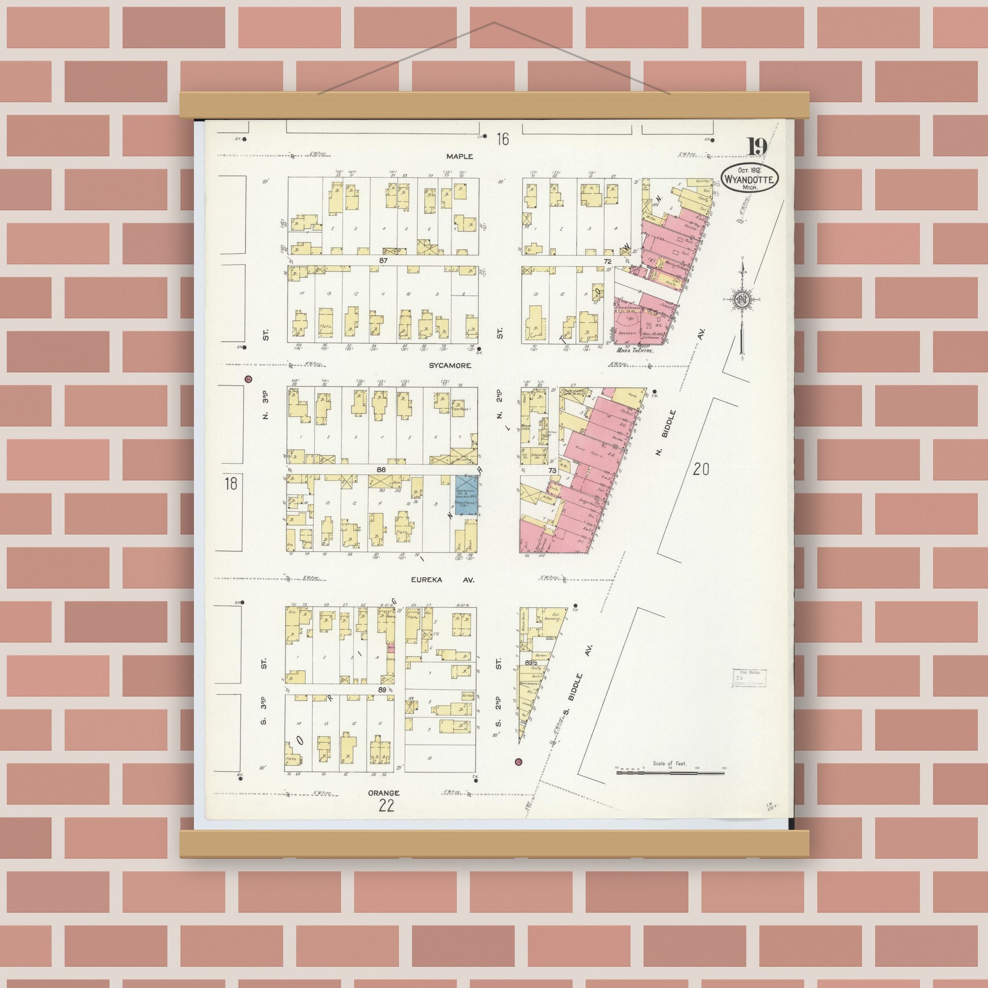 Old map wall art mockup — magnetic wood frame on brick wall — Sanborn Fire Insurance Map from Wyandotte, Wayne County, Michigan (1912), Sheet #0019