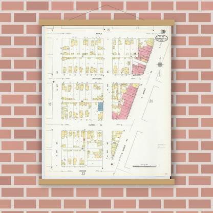 Old map wall art mockup — magnetic wood frame on brick wall — Sanborn Fire Insurance Map from Wyandotte, Wayne County, Michigan (1912), Sheet #0019