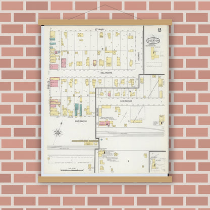 Old map wall art mockup — magnetic wood frame on brick wall — Sanborn Fire Insurance Map from Decatur, Van Buren County, Michigan (1892), Sheet #0002