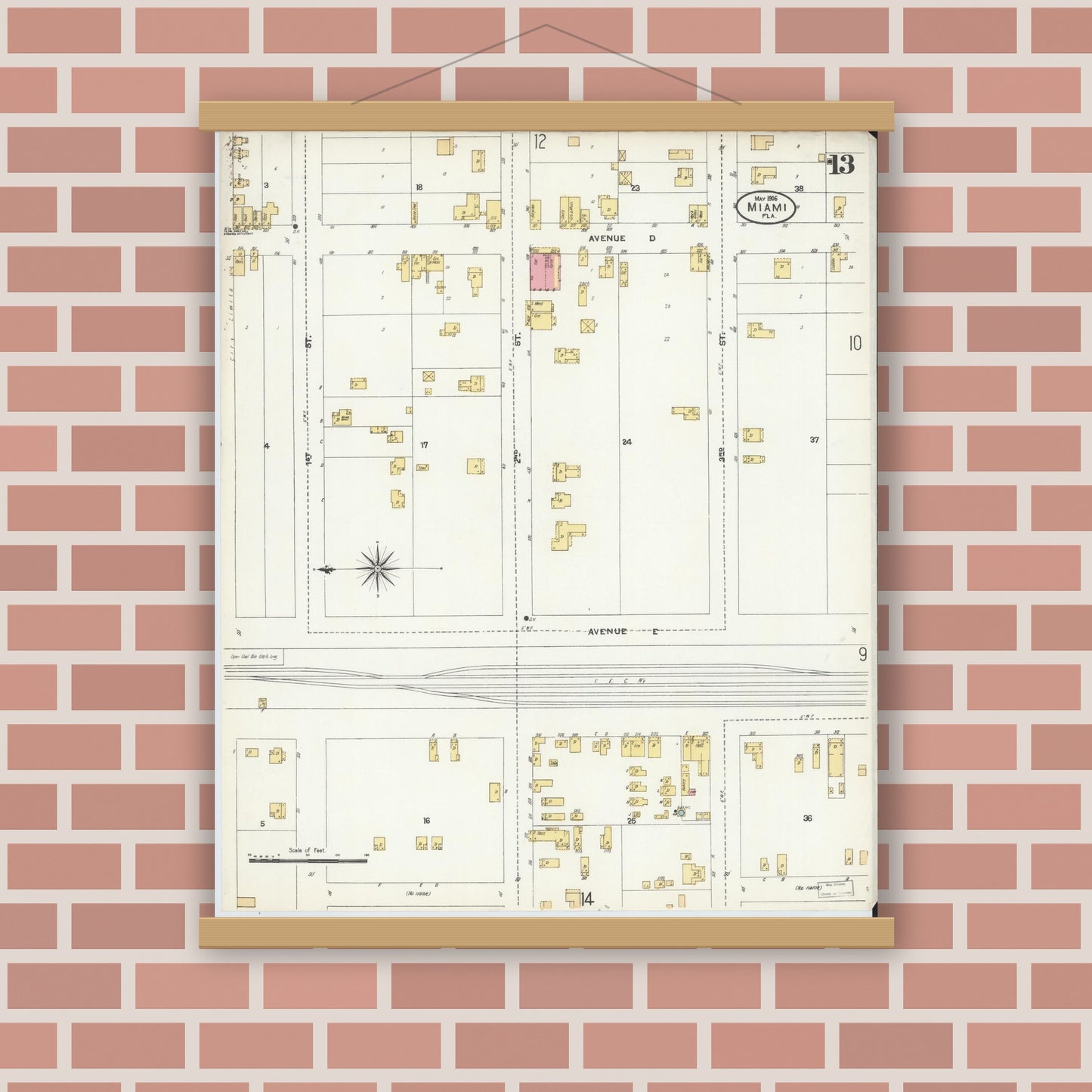 Old map wall art mockup — magnetic wood frame on brick wall — Sanborn Fire Insurance Map from Miami, Dade County, Florida (1906), Sheet #0013