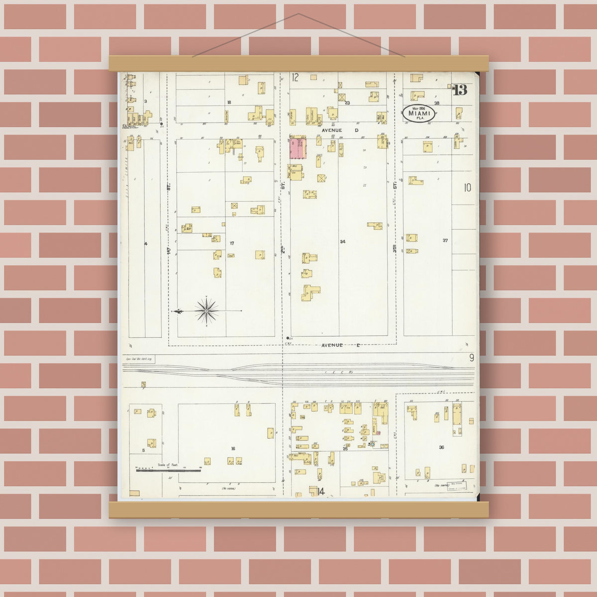 Old map wall art mockup — magnetic wood frame on brick wall — Sanborn Fire Insurance Map from Miami, Dade County, Florida (1906), Sheet #0013