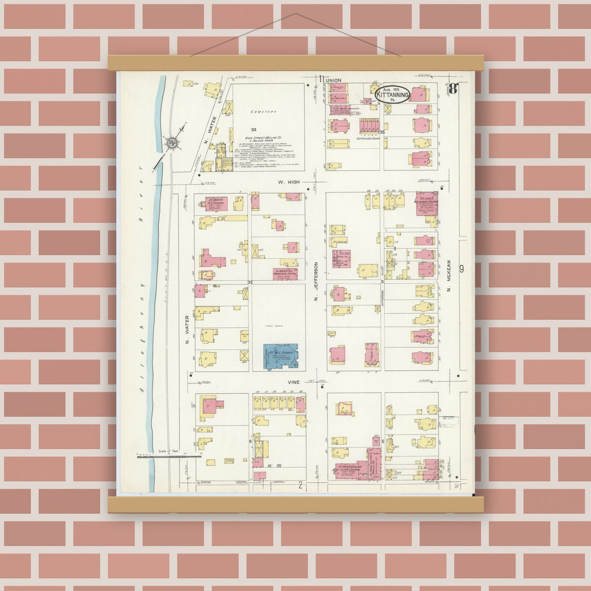 Old map wall art mockup — magnetic wood frame on brick wall — Sanborn Fire Insurance Map from Kittanning, Armstrong County, Pennsylvania (1913), Sheet #0008