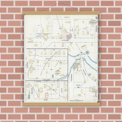 Old map wall art mockup — magnetic wood frame on brick wall — Sanborn Fire Insurance Map from Waupaca, Waupaca County, Wisconsin (1891), Sheet #0002