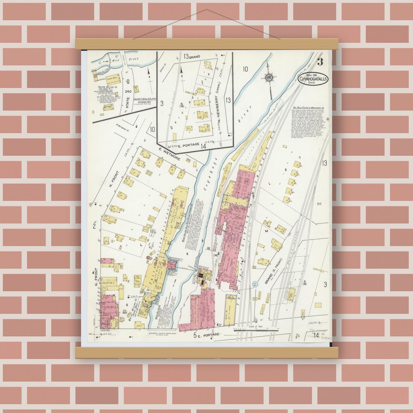 Old map wall art mockup — magnetic wood frame on brick wall — Sanborn Fire Insurance Map from Cuyahoga Falls, Summit County, Ohio (1916), Sheet #0003
