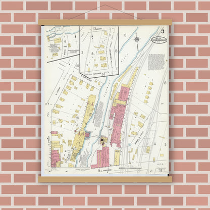 Old map wall art mockup — magnetic wood frame on brick wall — Sanborn Fire Insurance Map from Cuyahoga Falls, Summit County, Ohio (1916), Sheet #0003