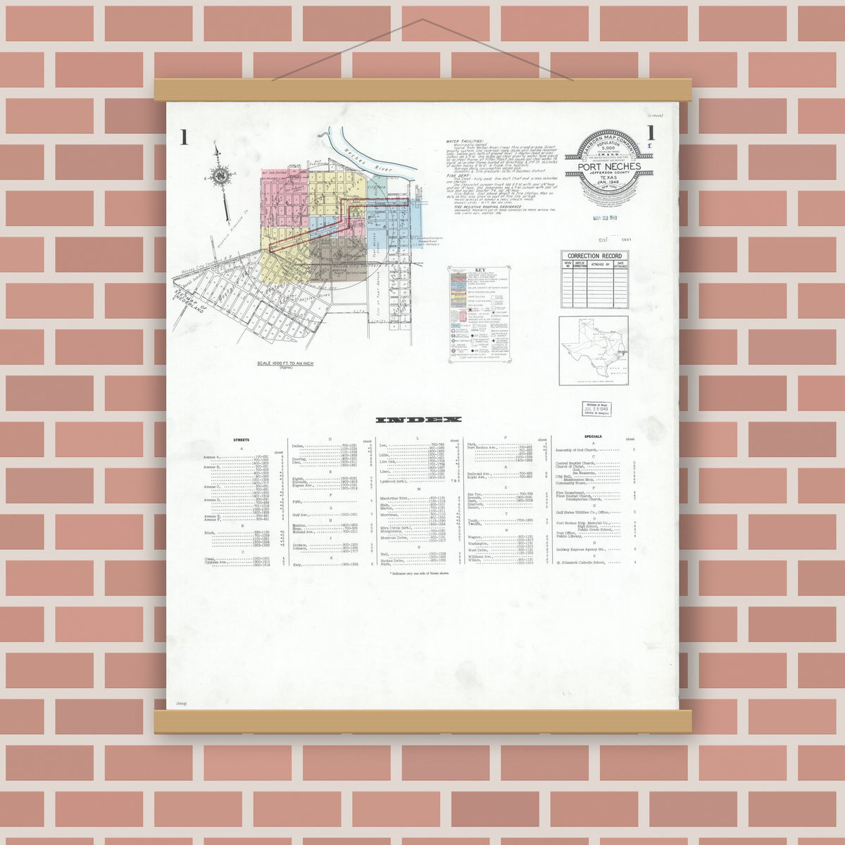 Old map wall art mockup — magnetic wood frame on brick wall — Sanborn Fire Insurance Map from Port Neches, Jefferson County, Texas (1949) - Complete Map Set