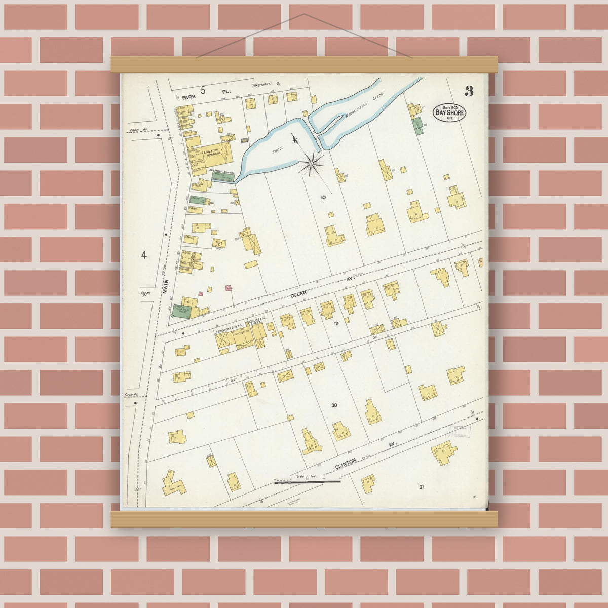 Old map wall art mockup — magnetic wood frame on brick wall — Sanborn Fire Insurance Map from Bay Shore, Suffolk County, New York (1902), Sheet #0003