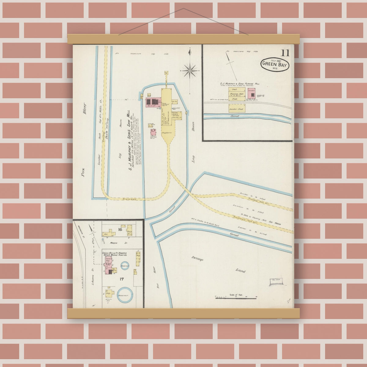 Old map wall art mockup — magnetic wood frame on brick wall — Sanborn Fire Insurance Map from Green Bay, Brown County, Wisconsin (1887), Sheet #0011