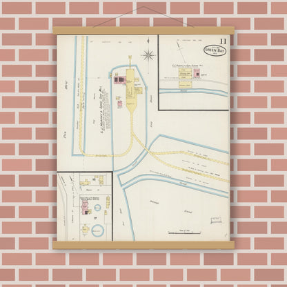 Old map wall art mockup — magnetic wood frame on brick wall — Sanborn Fire Insurance Map from Green Bay, Brown County, Wisconsin (1887), Sheet #0011