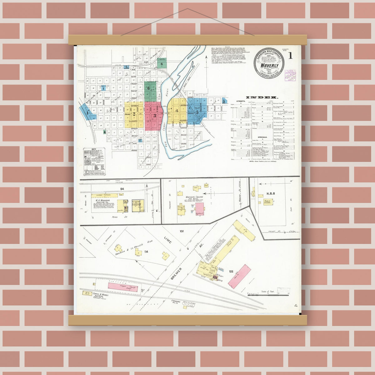 Old map wall art mockup — magnetic wood frame on brick wall — Sanborn Fire Insurance Map from Waverly, Bremer County, Iowa (1905), Sheet #0001
