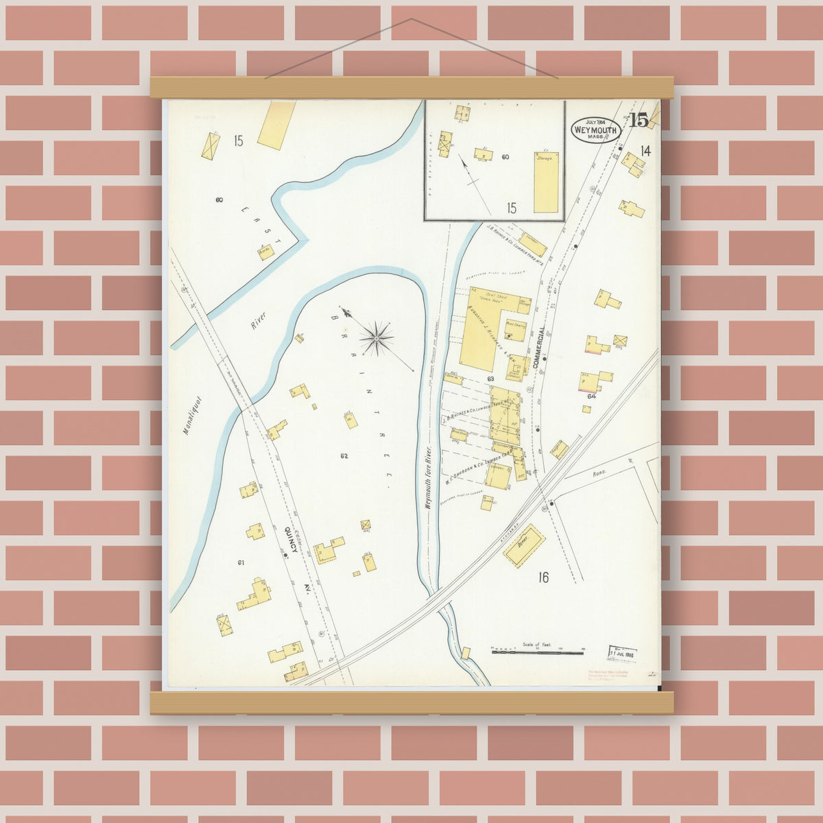 Old map wall art mockup — magnetic wood frame on brick wall — Sanborn Fire Insurance Map from Weymouth, Norfolk County, Massachusetts (1904), Sheet #0015