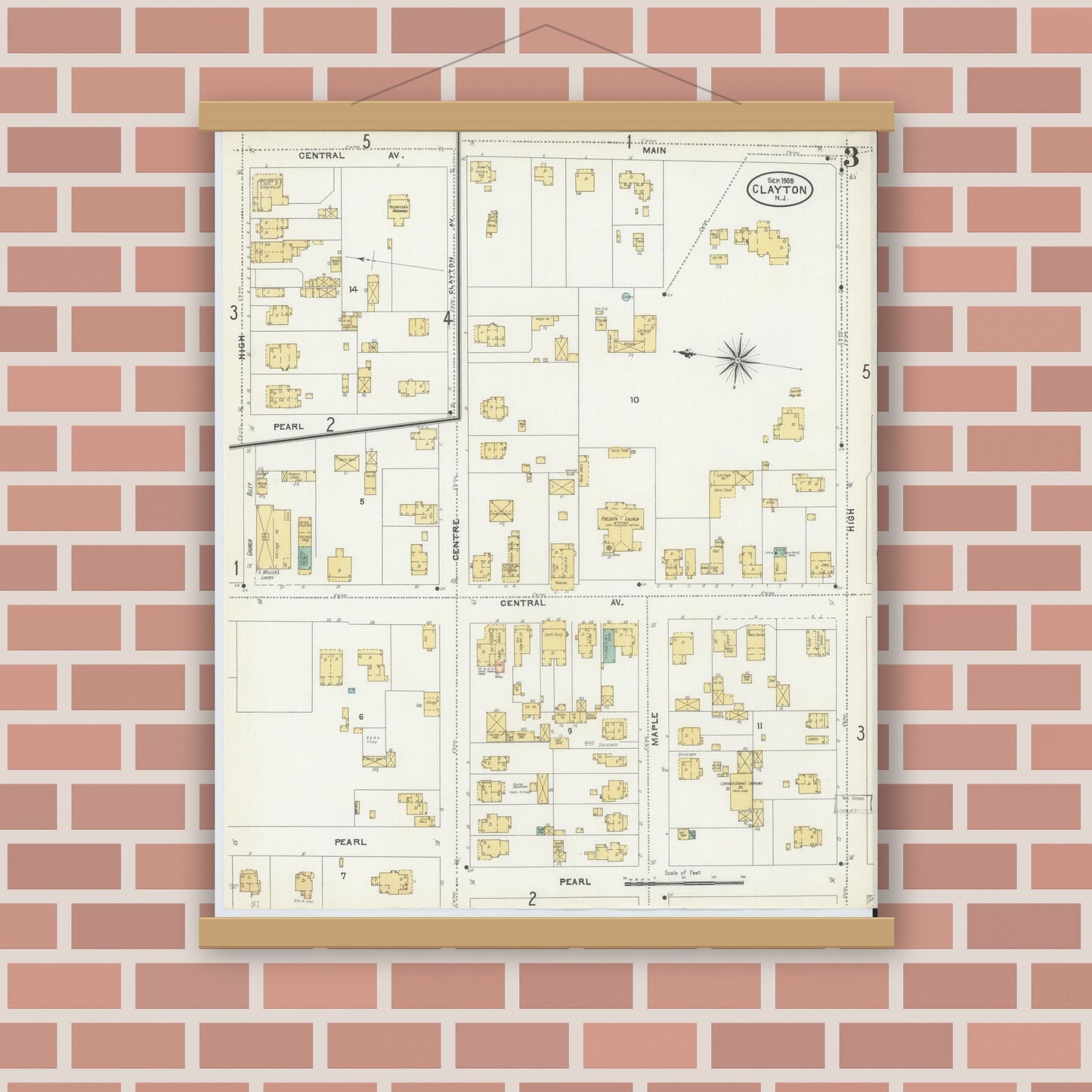 Old map wall art mockup — magnetic wood frame on brick wall — Sanborn Fire Insurance Map from Clayton, Gloucester County, New Jersey (1905), Sheet #0003