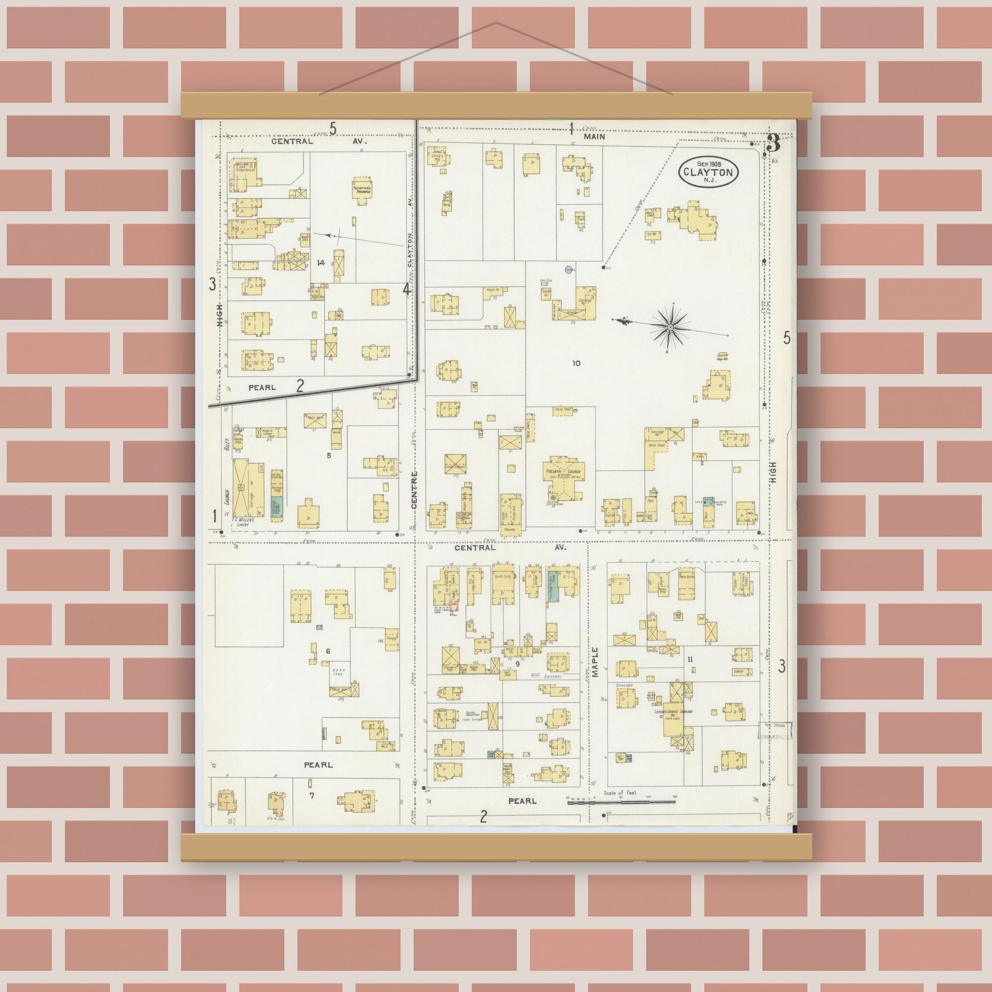 Old map wall art mockup — magnetic wood frame on brick wall — Sanborn Fire Insurance Map from Clayton, Gloucester County, New Jersey (1905), Sheet #0003