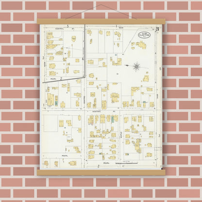 Old map wall art mockup — magnetic wood frame on brick wall — Sanborn Fire Insurance Map from Clayton, Gloucester County, New Jersey (1905), Sheet #0003