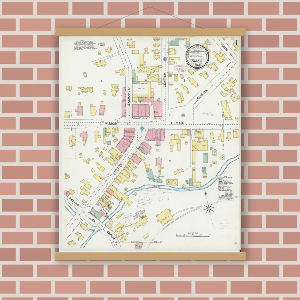 Old map wall art mockup — magnetic wood frame on brick wall — Sanborn Fire Insurance Map from Troy, Bradford County, Pennsylvania (1892) - Complete Map Set