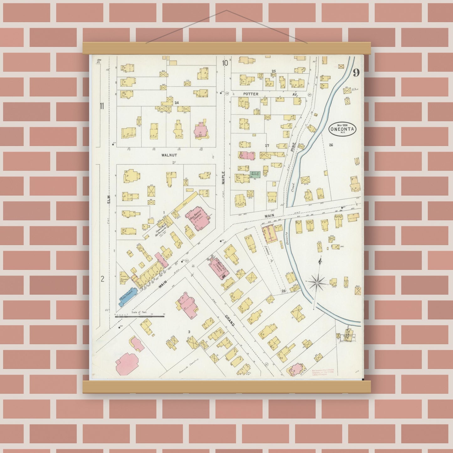 Old map wall art mockup — magnetic wood frame on brick wall — Sanborn Fire Insurance Map from Oneonta, Otsego County, New York (1898), Sheet #0009